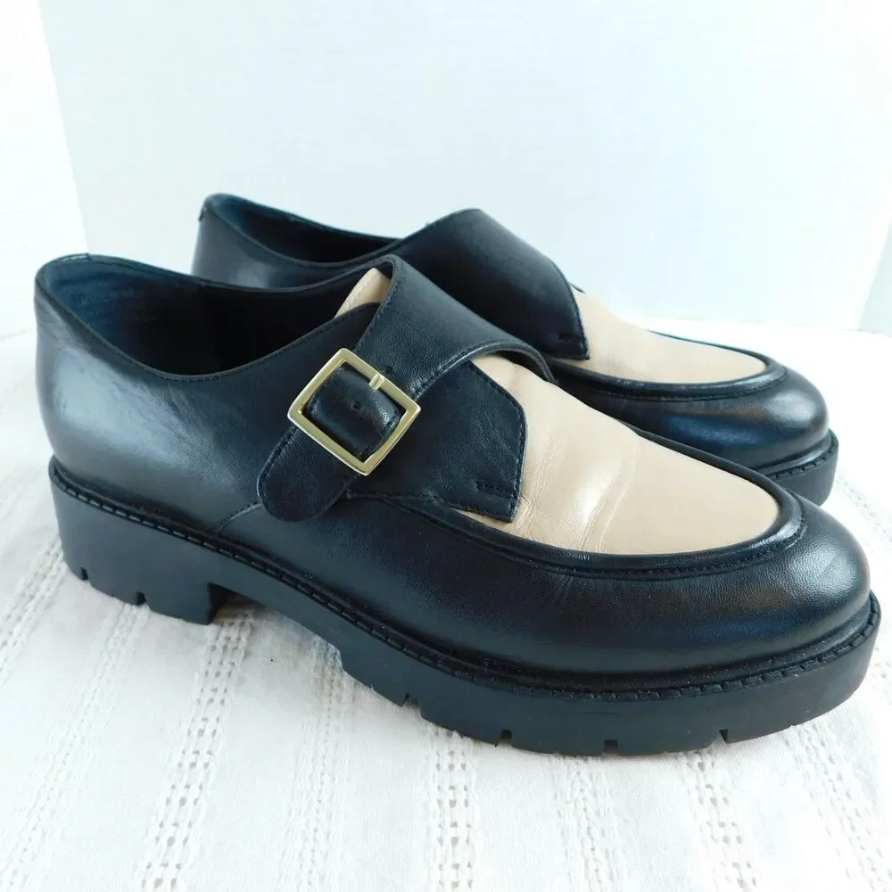 Seychelles Leather Loafers 7.5 Catch Me Black Cream Buckle Shoes Womens Retro